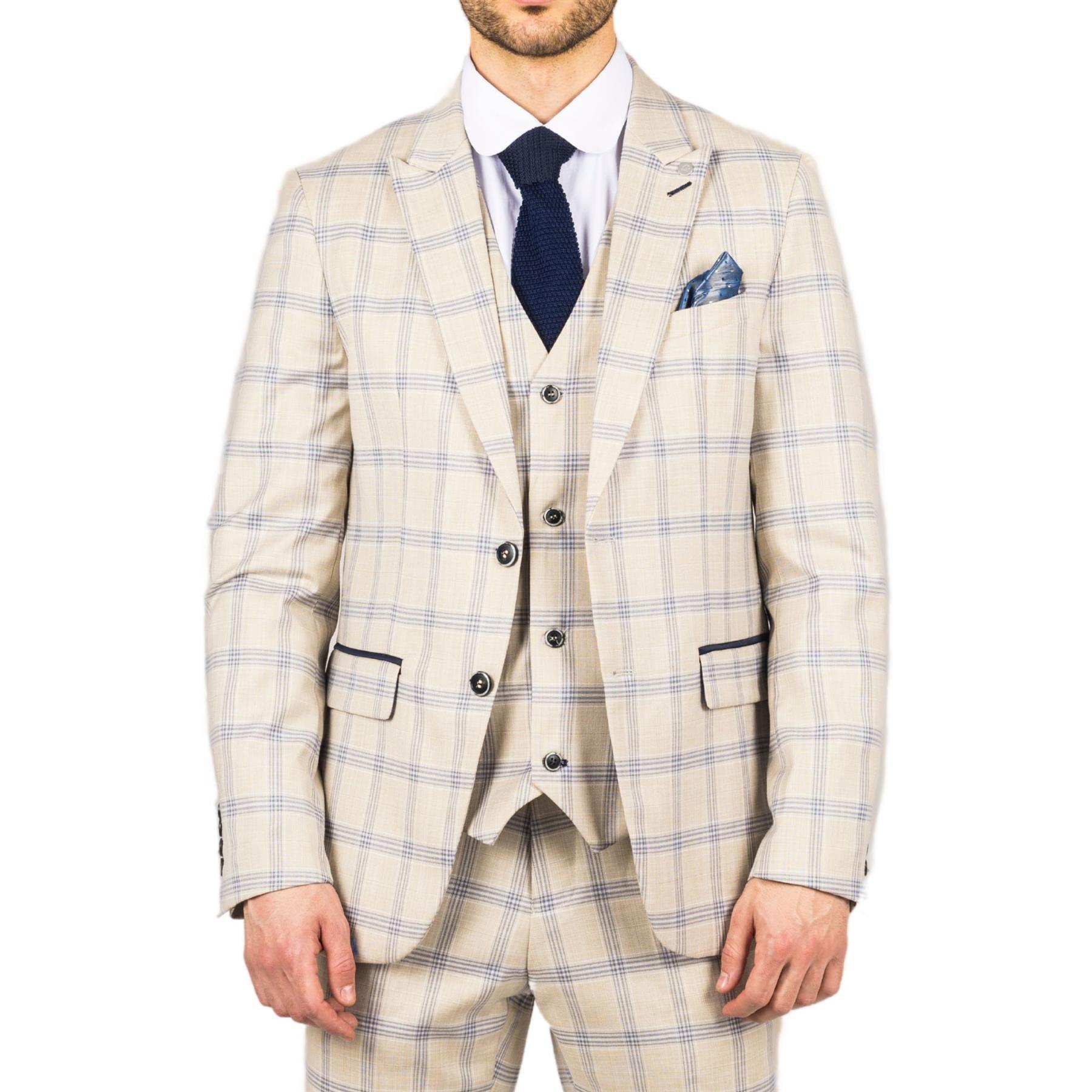 Men's Blazer Beige Checked Classic Sport Coat Plaid Tailored Fit - Knighthood Store