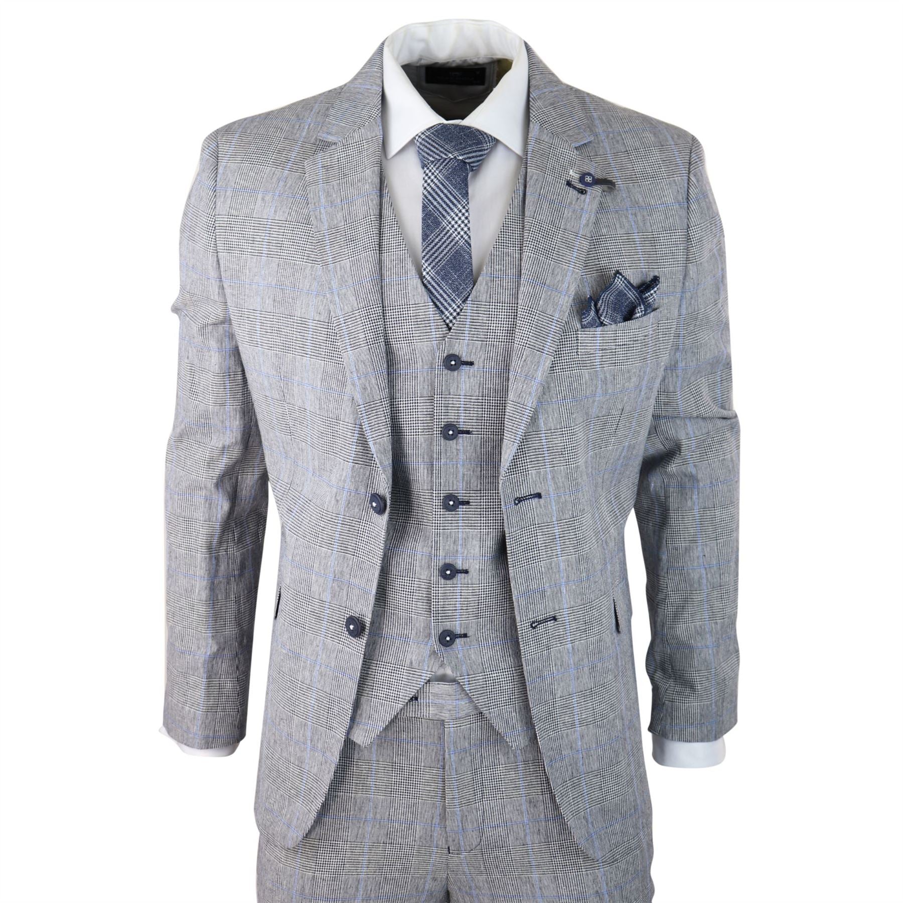 Mens 3 Piece Summer Suit Grey Check Blue Black Tailored Fit Classic Wedding Formal