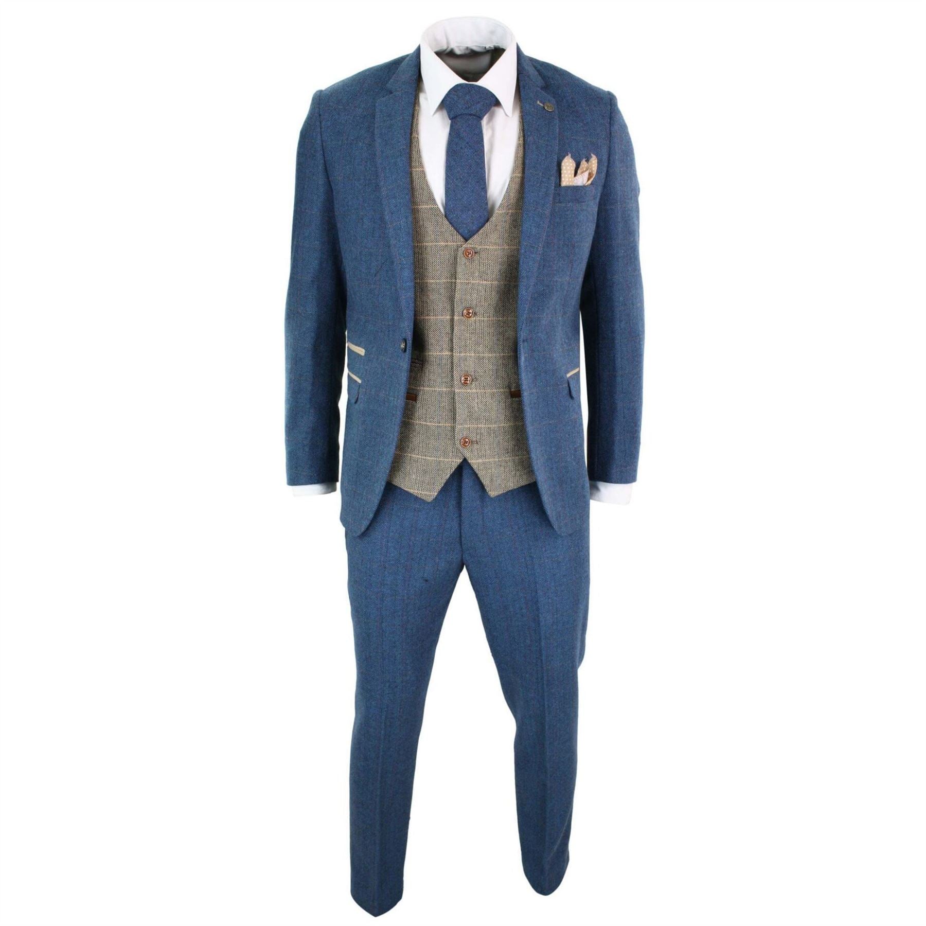Mens Blue Tan Brown 3 Piece Herringbone Tweed Check Vintage Tailored Fit Suit