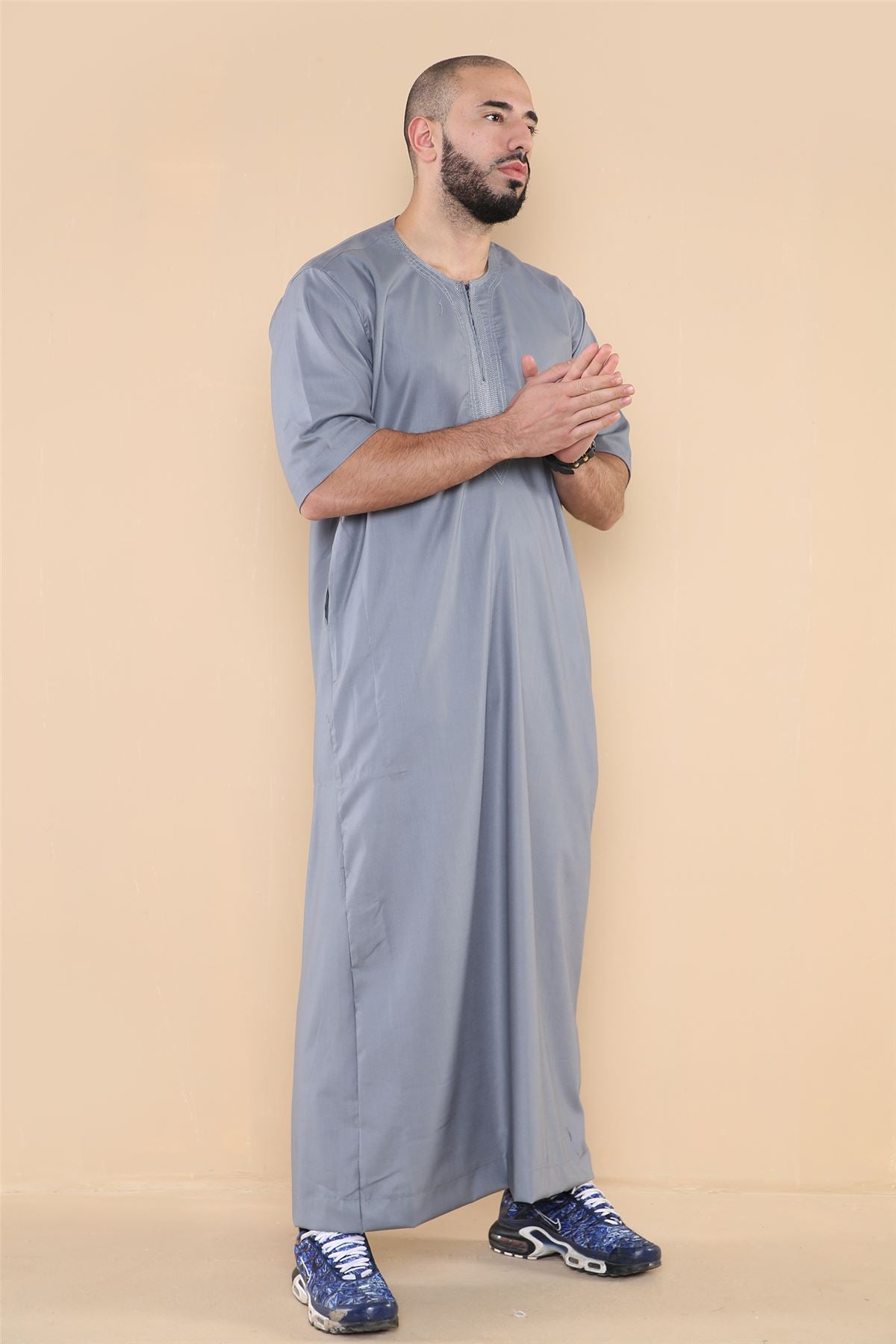 Mens Thobe Jubba Islamic Clothing Kaftan Half Sleeve Robe Moroccan Arab Zipped