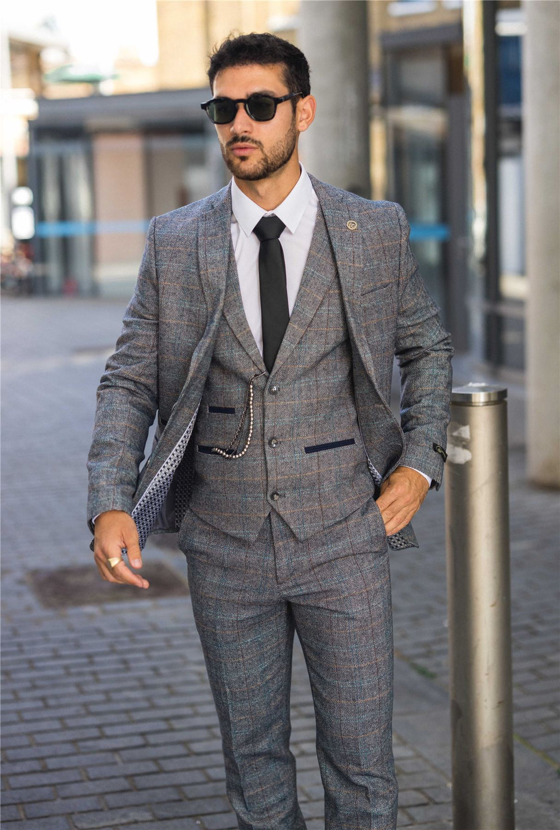STZ74 - Men's 3 Piece Suit Wool Tweed Light Blue Grey Check