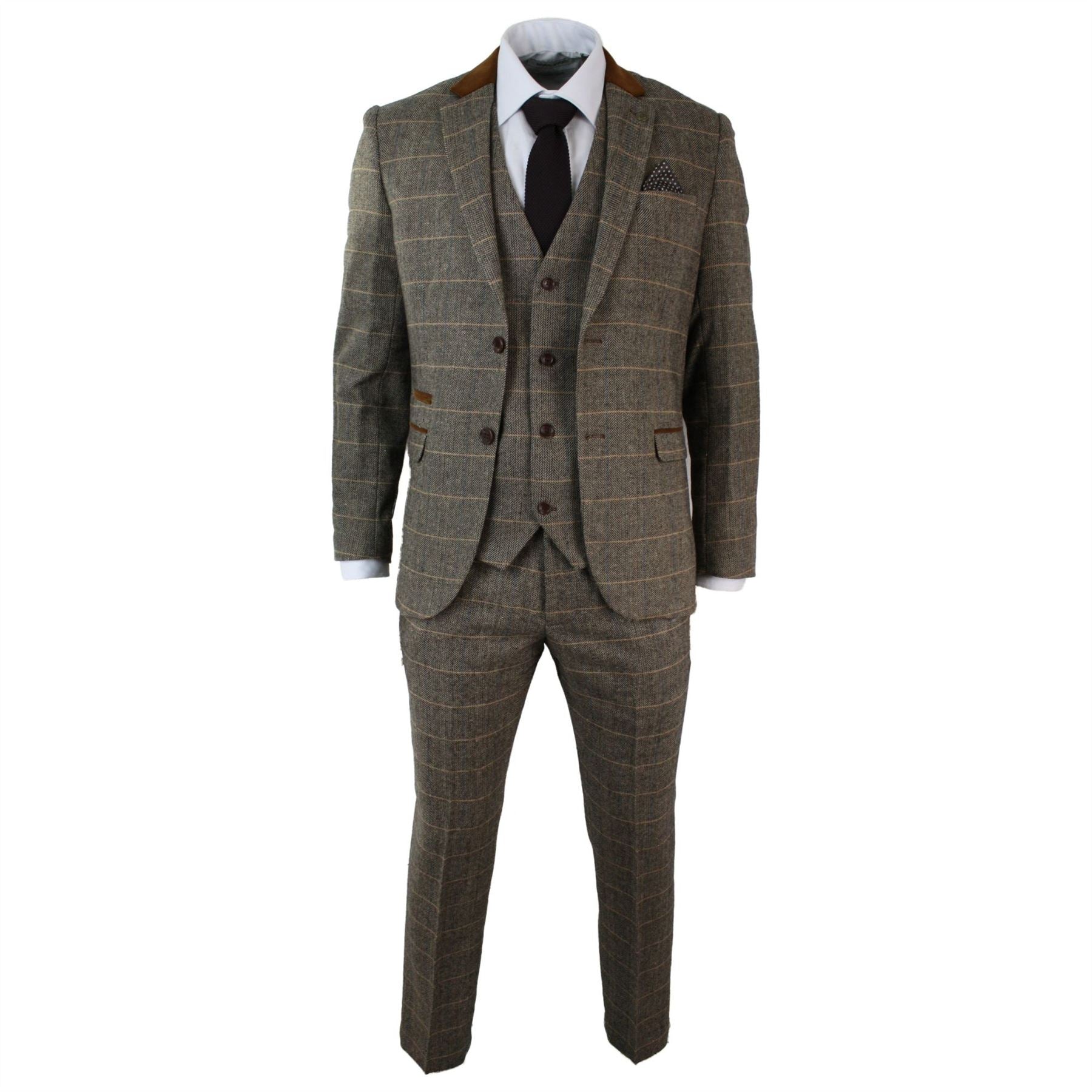 Mens Check Vintage Herringbone Tweed Tan Brown 3 Piece Suit Slim Fit Wedding