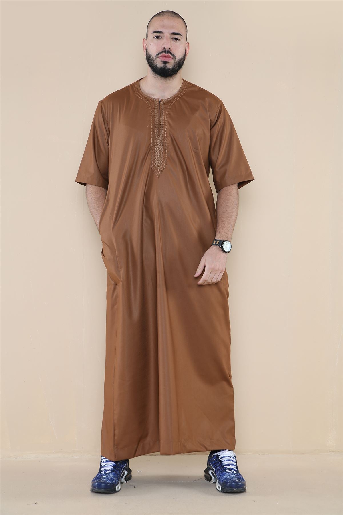 Mens Thobe Jubba Islamic Clothing Kaftan Half Sleeve Robe Moroccan Arab Zipped