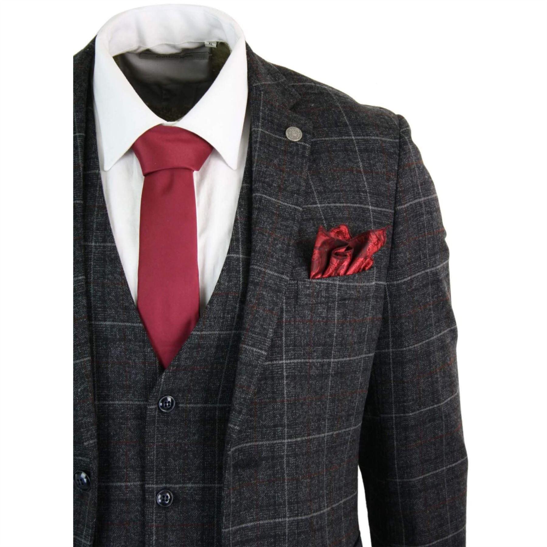 Mens Grey Black 3 Piece Tweed Suit Herringbone Wine Vintage Retro - Knighthood Store