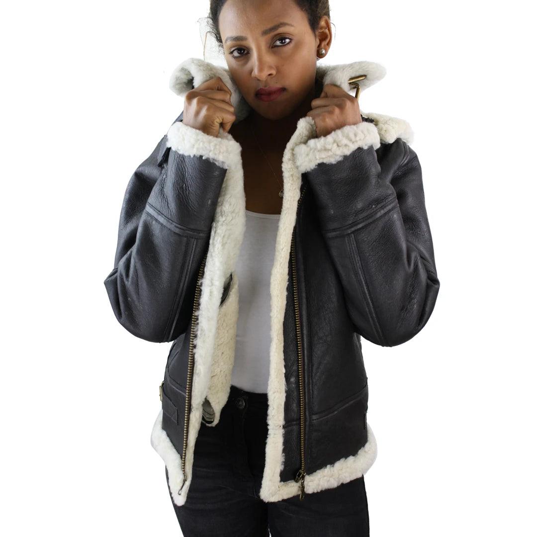 Ladies Aviator White Brown Hooded Real Shearling Sheepskin Leather Jacket - Knighthood Store