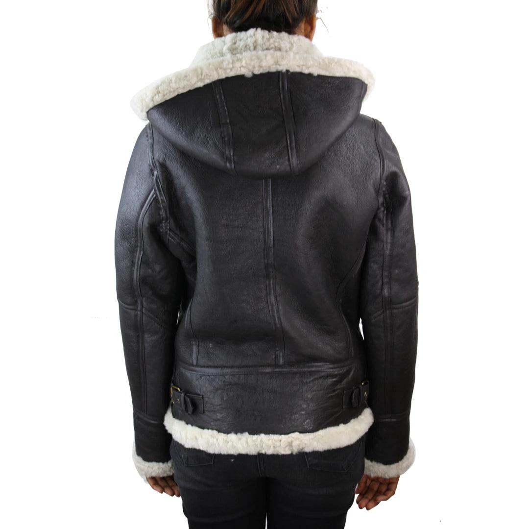 Ladies Aviator White Brown Hooded Real Shearling Sheepskin Leather Jacket - Knighthood Store