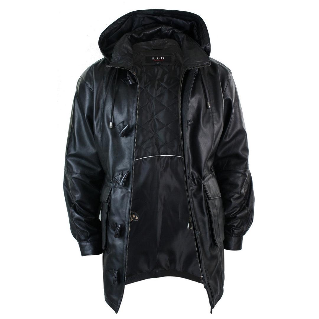 Mens 3/4 Long Real Leather Duffle Jacket Coat Safari Detachable Hood Classic - Knighthood Store