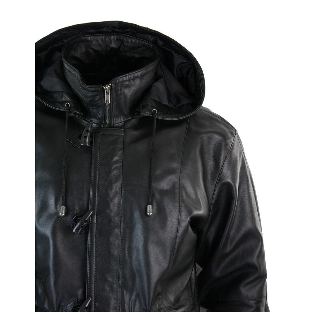 Mens 3/4 Long Real Leather Duffle Jacket Coat Safari Detachable Hood Classic - Knighthood Store