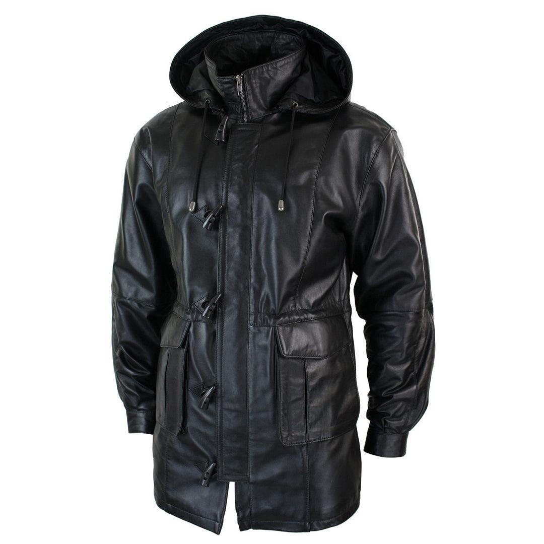Mens 3/4 Long Real Leather Duffle Jacket Coat Safari Detachable Hood Classic - Knighthood Store