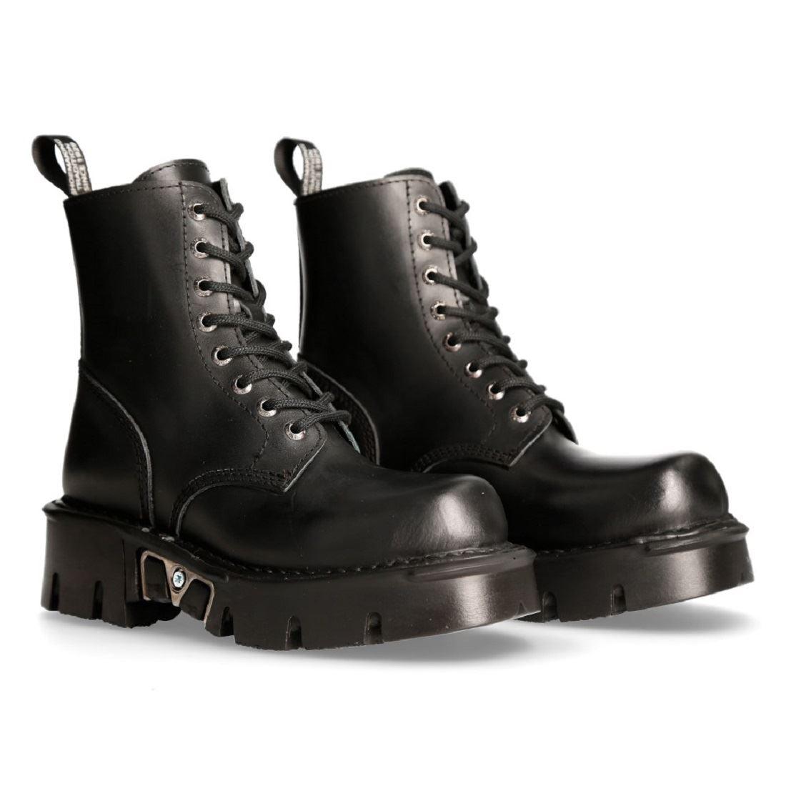New Rock M-MILI084N-S Unisex Metallic Black 100% Leather Platform Military Boots - Knighthood Store