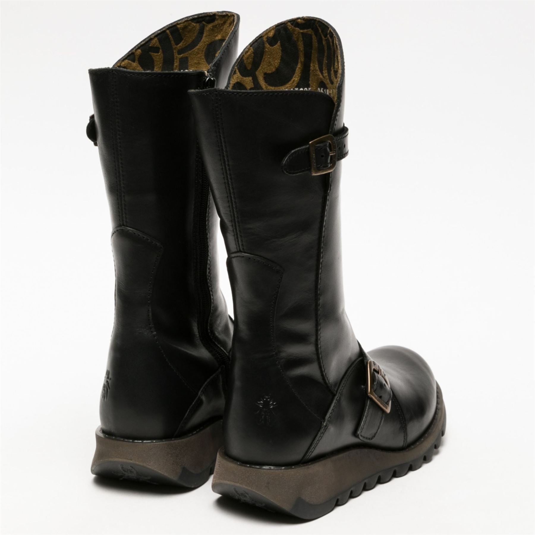 MES2913 - Women's Wedge Heel Buckle Mid Calf Leather Boots