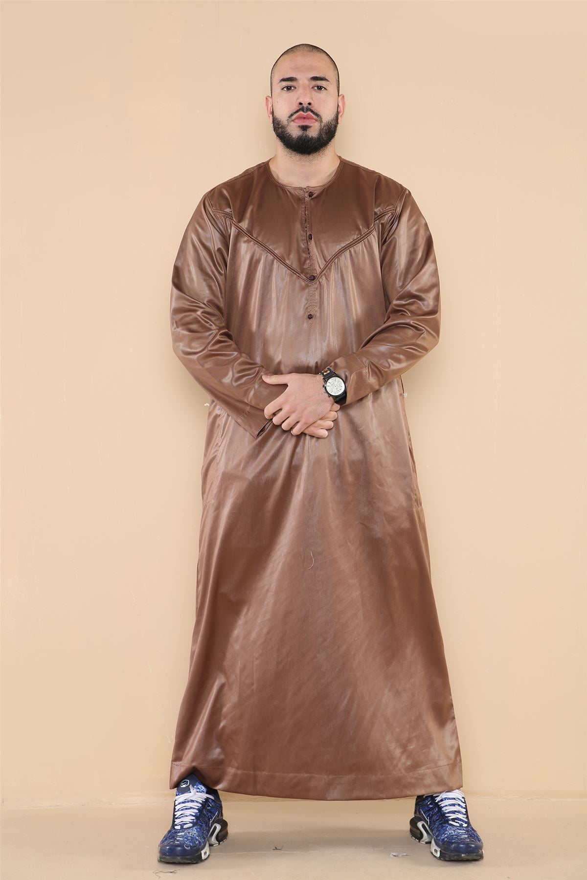 Mens Thobe Jubba Islamic Clothing Muslim Kaftan Emirati Omani Robe Satin Shiny