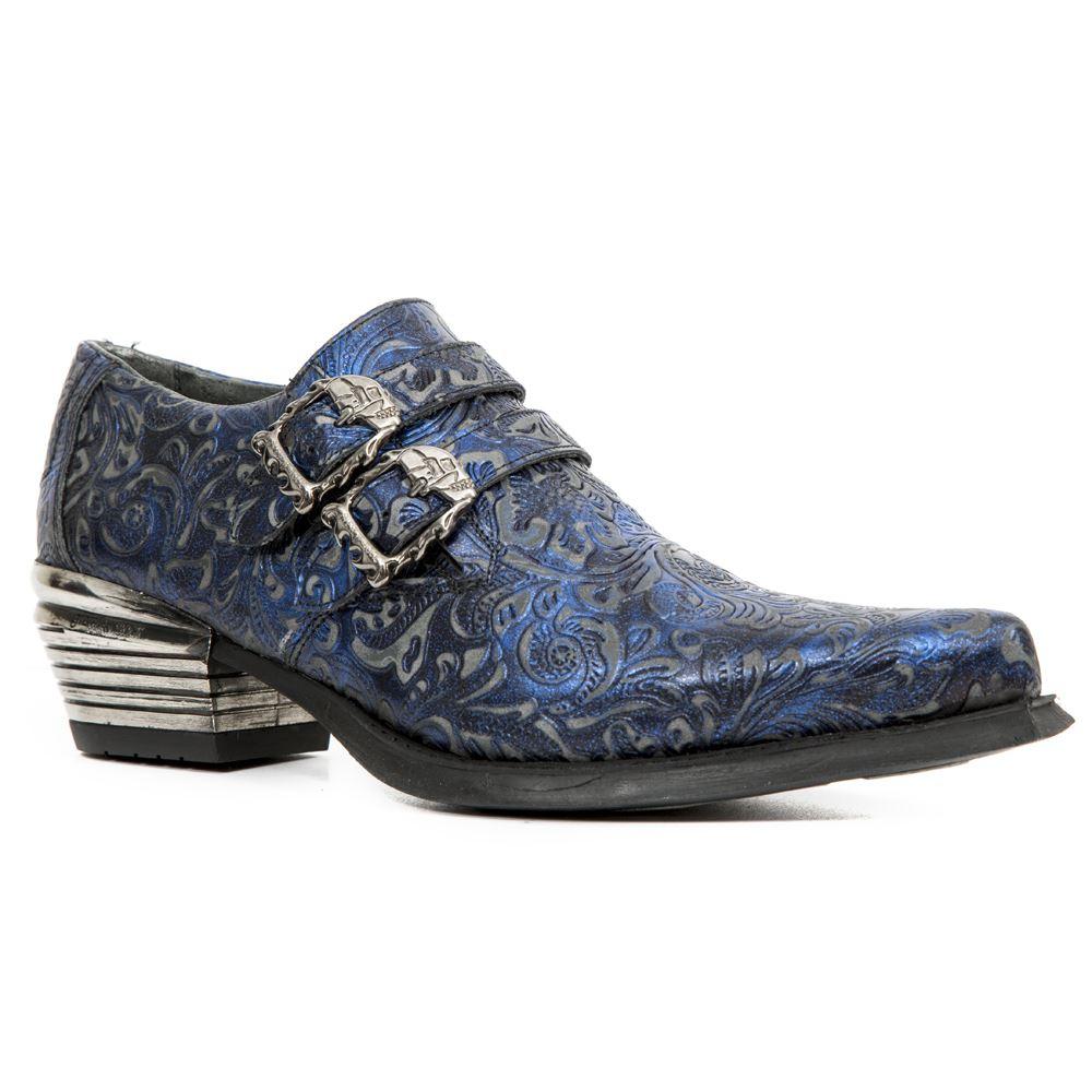 New Rock 7960-s7 Shoe Embossed Vintage Blue Leather Buckle Steel Heel Shoes - Knighthood Store