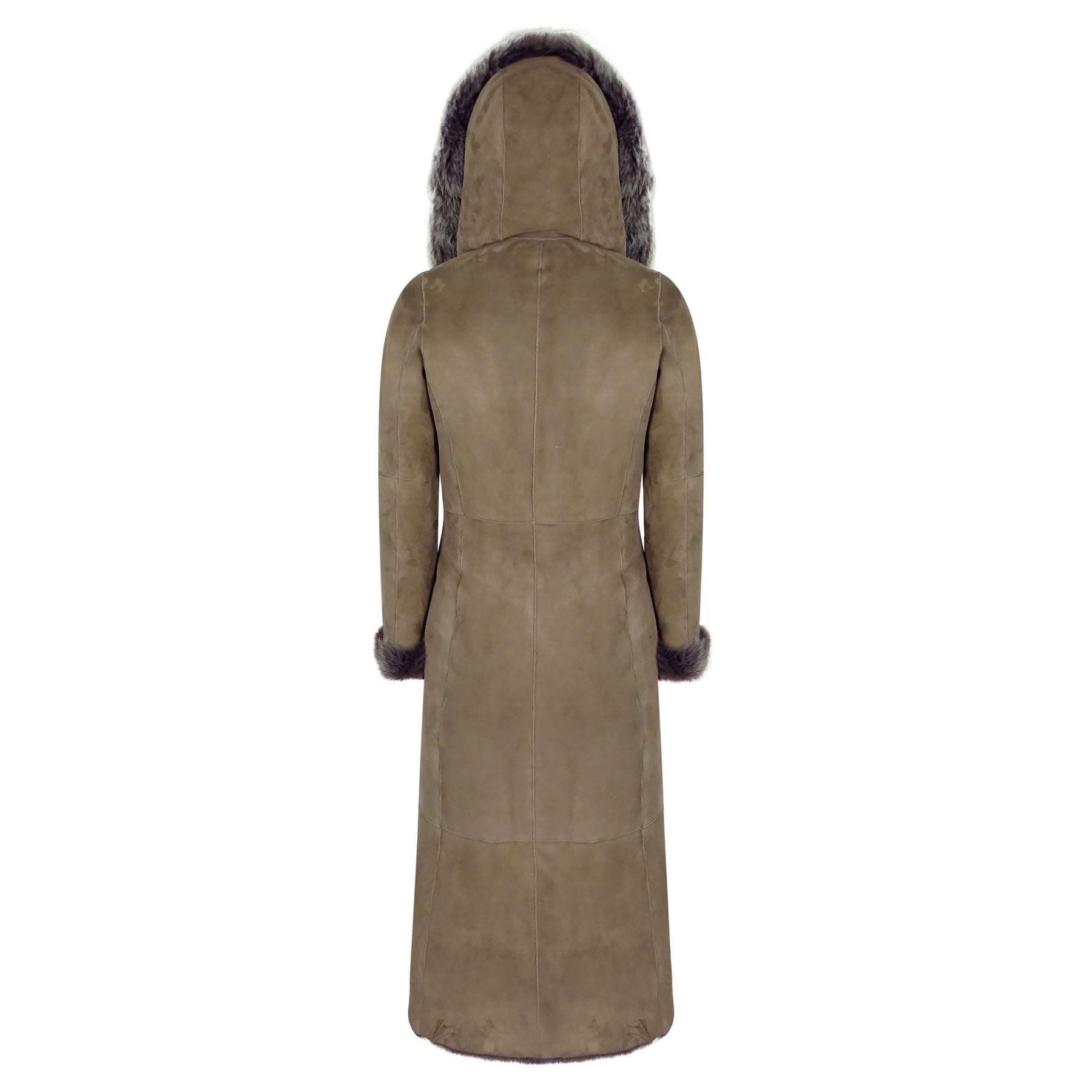 Ladies Suede Toscana Full Length Hooded Taupe Sheepskin Leather Trench Coat - Knighthood Store