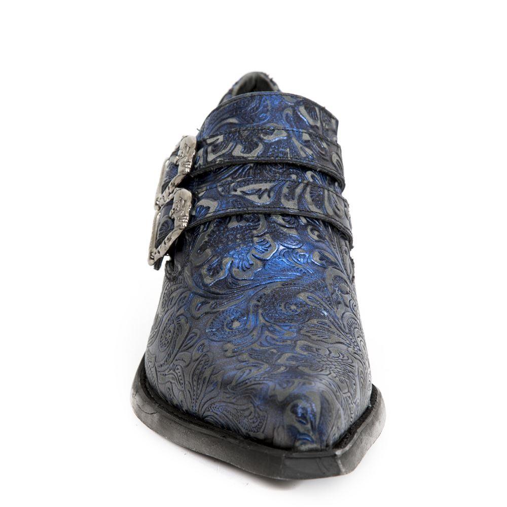 New Rock 7960-s7 Shoe Embossed Vintage Blue Leather Buckle Steel Heel Shoes - Knighthood Store