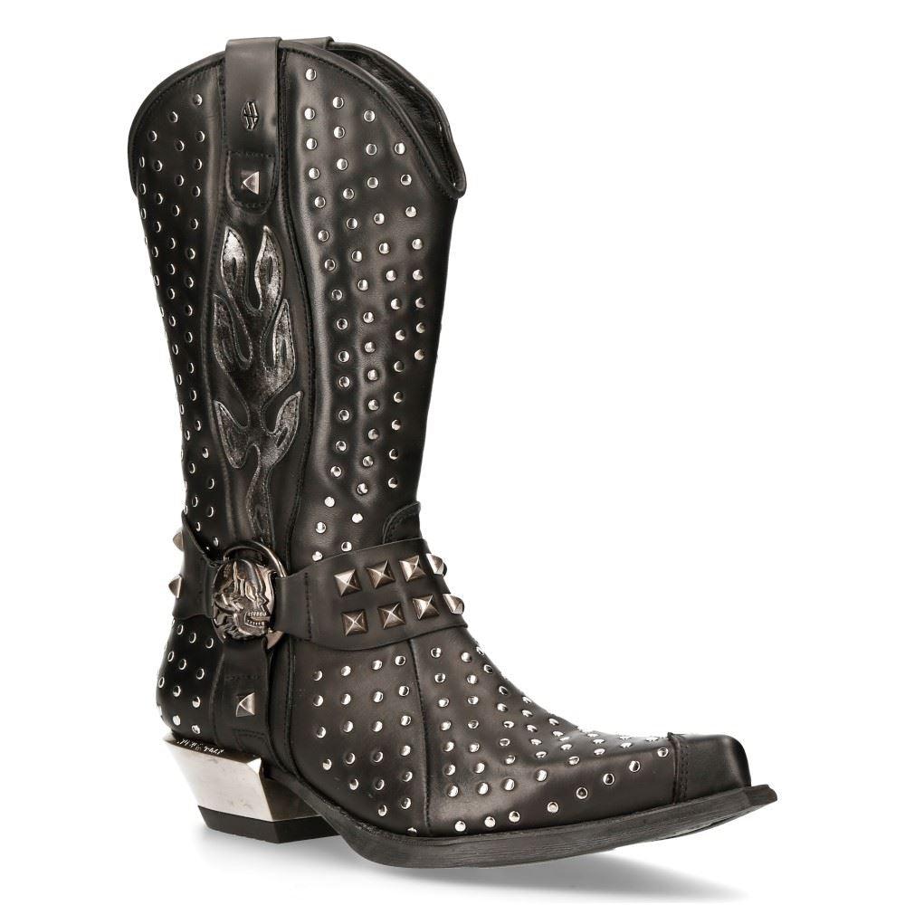 New Rock M-7928-s1 Western Cowboy Boots Black Leather Heavy Biker Silver Studs - Knighthood Store