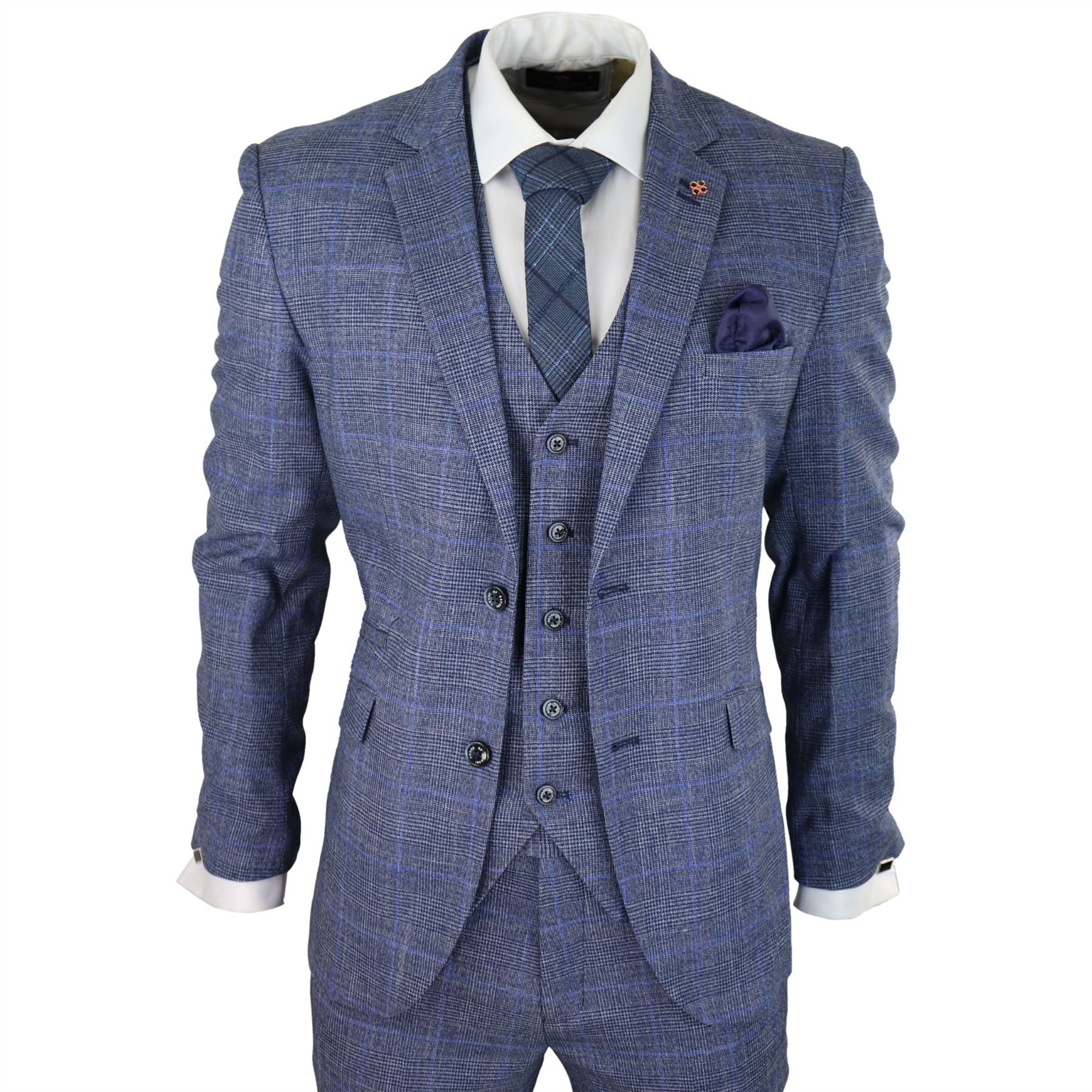 Mens 3 Piece Suit Blue Prince Of Wales Check Tailored Fit Summer Classic Vintage