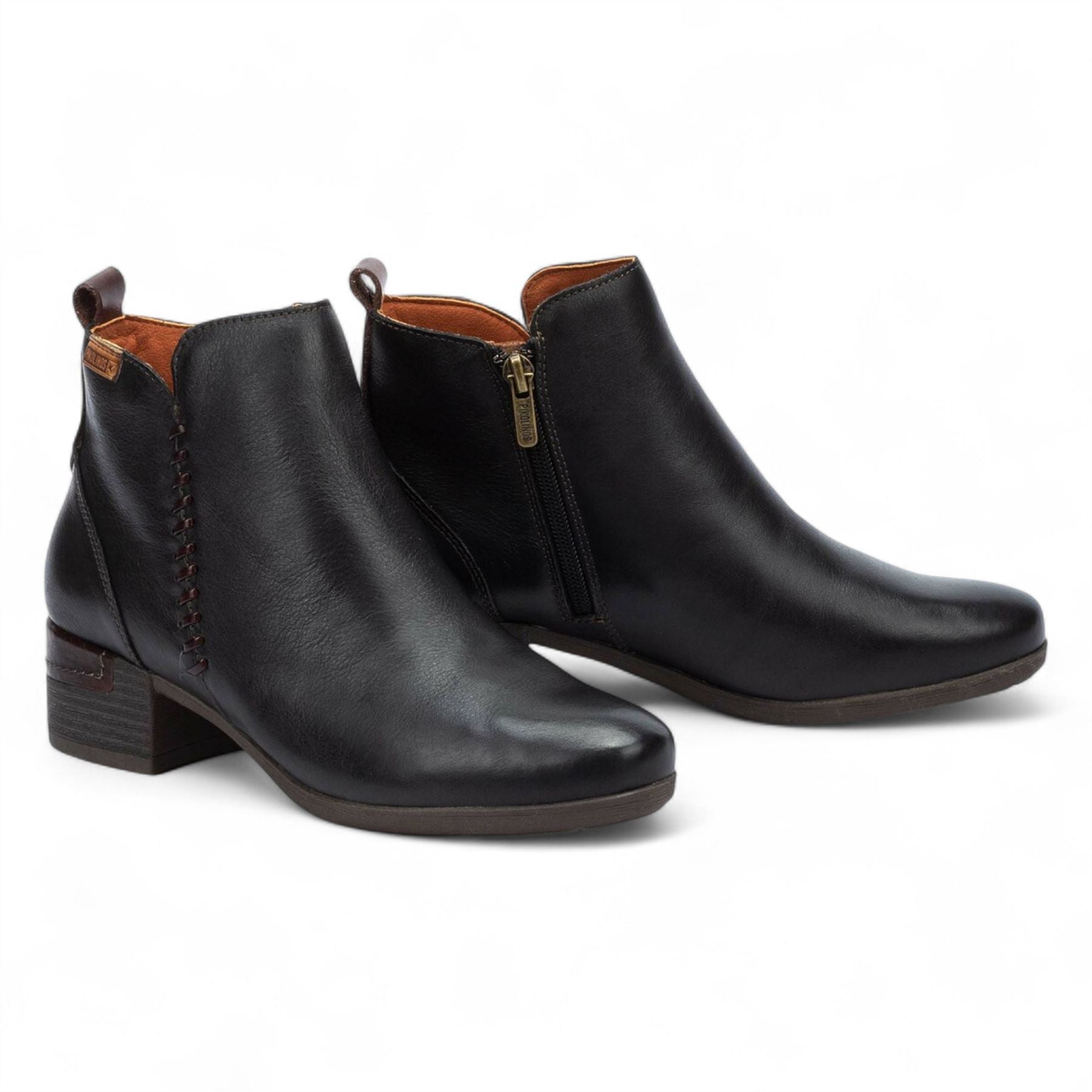 Malaga - Women’s Black Mid Heel Zip Leather Ankle Boots