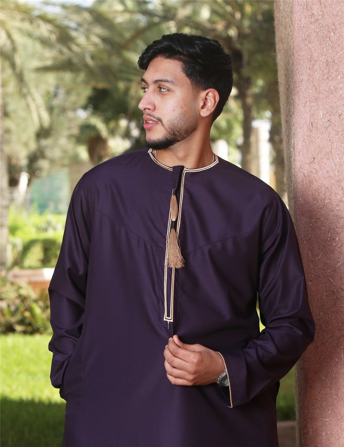 Men's Thobe Emirati Omani Jubba Islamic Clothing Muslim Kaftan Eid Robe Arab Gold Tassel Embroidery