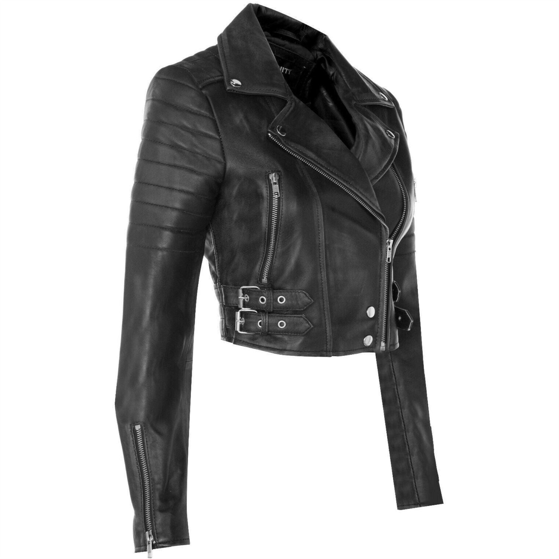 Women's Real Leather Short Cropped Length Biker Jacket