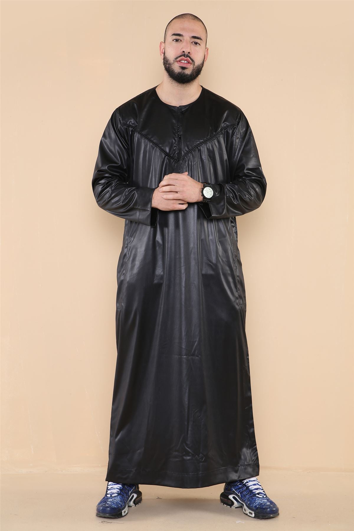 Mens Thobe Jubba Islamic Clothing Muslim Kaftan Emirati Omani Robe Satin Shiny