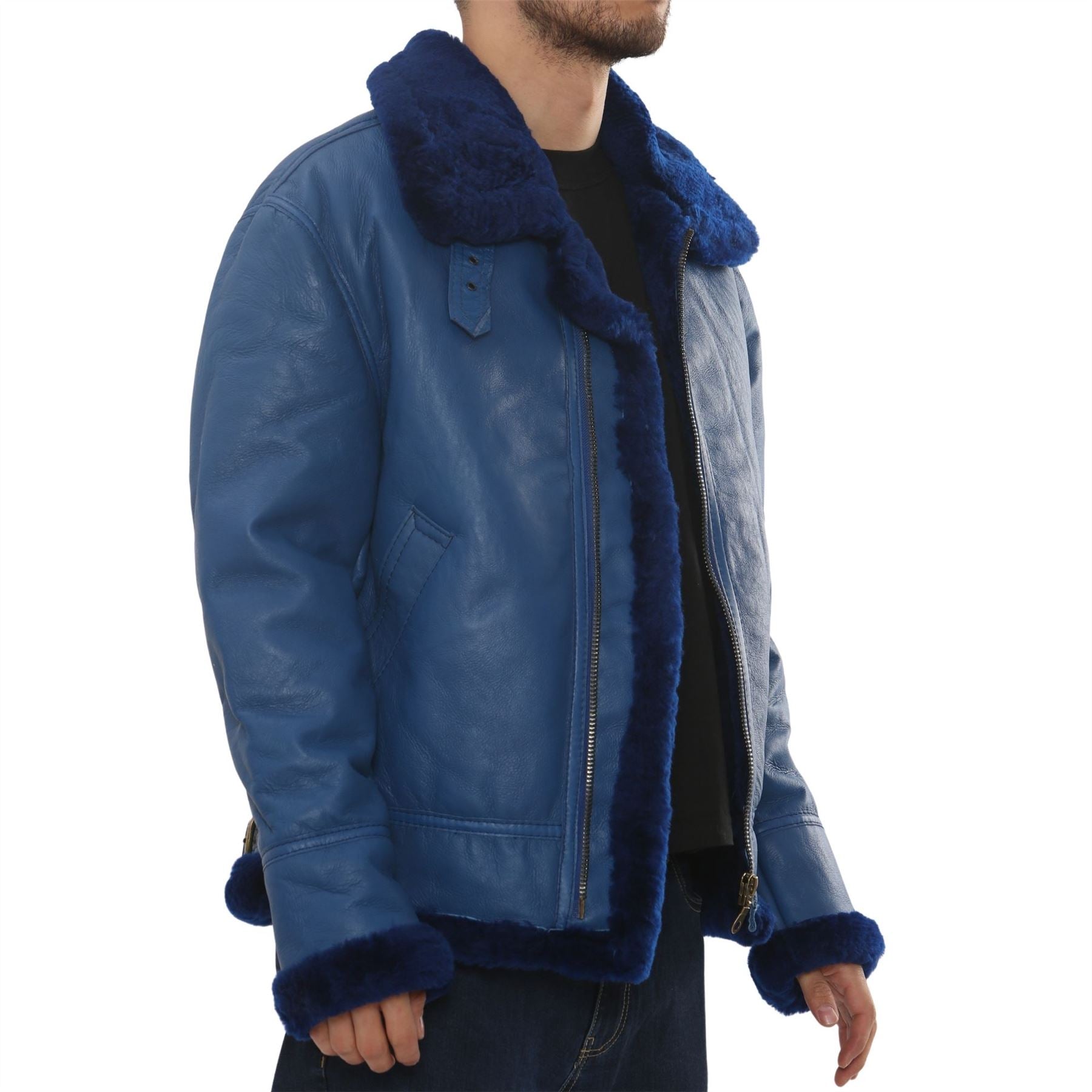 Men's Blue Shearling Leather B3 Aviator Jacket