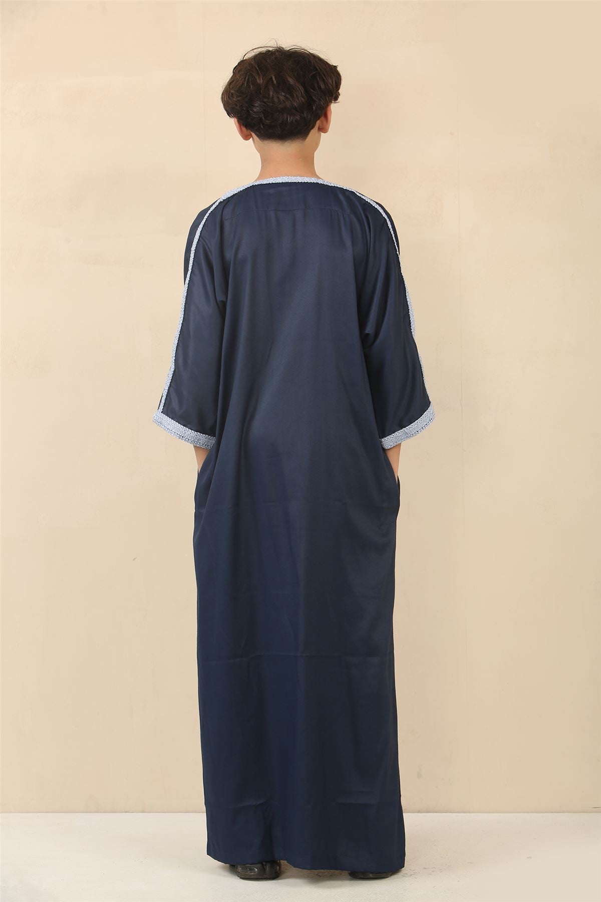 Boys Navy Moroccan Thobe Short Sleeve Gandoura Blue Embroidery Kaftan