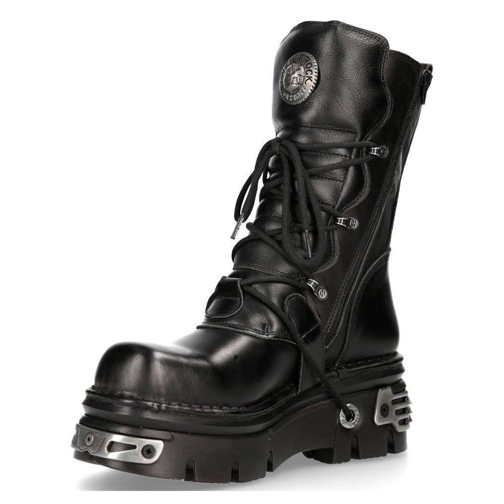 New Rock New Rock 373 S4 Metallic High Boots Black Leather Goth Biker Emo - Knighthood Store