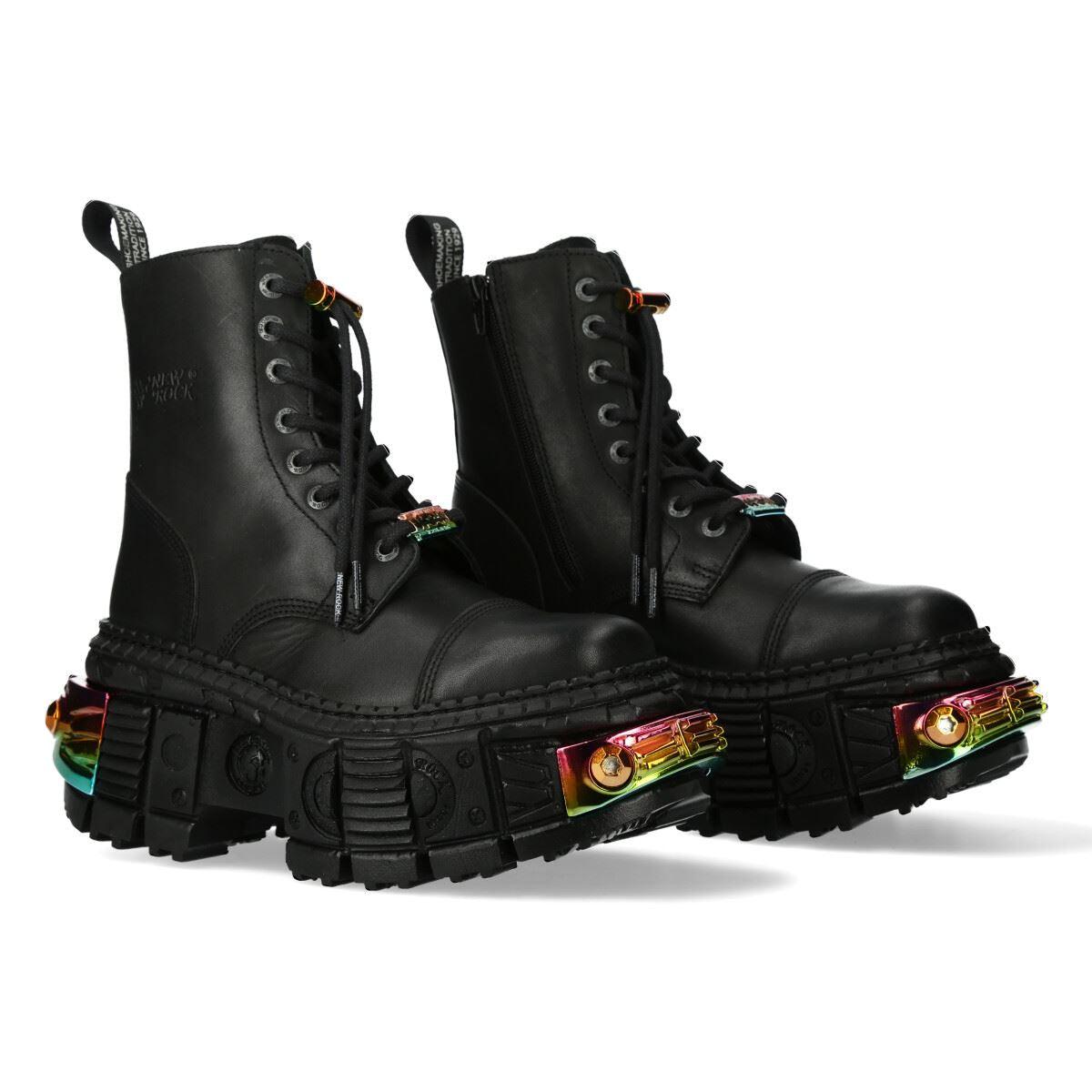 New Rock Boots WALL83CCT-S8 Unisex Metallic Black Leather Platform Gothic Boots - Knighthood Store
