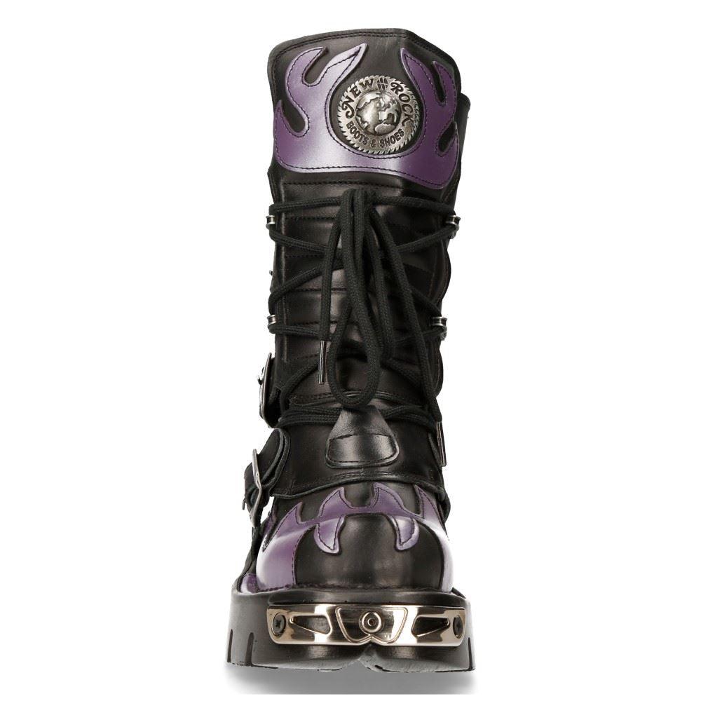 New Rock M-591-s5 Purple Flame Punk Boots Black Leather Gothic Heavy Biker - Knighthood Store