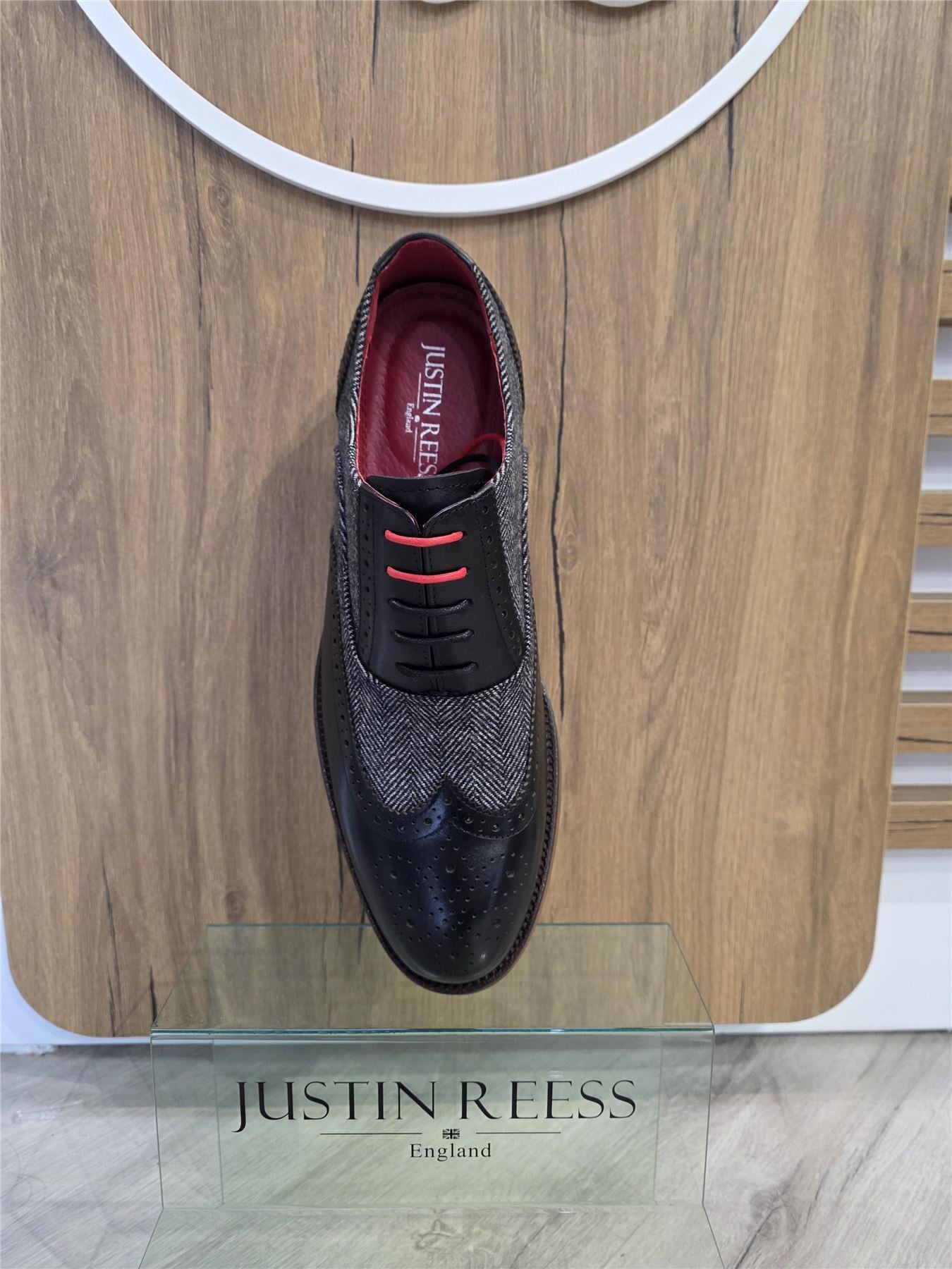 Albert - Men's Black Leather Tweed Detailing Brogue Shoes