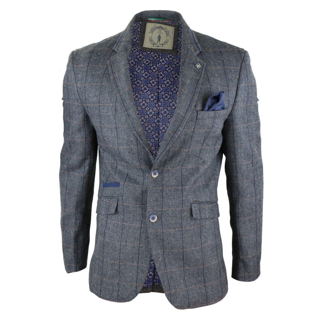 Mens Tweed Herringbone Check Grey Navy Brown Vintage Fit Blinders Blazer - Knighthood Store