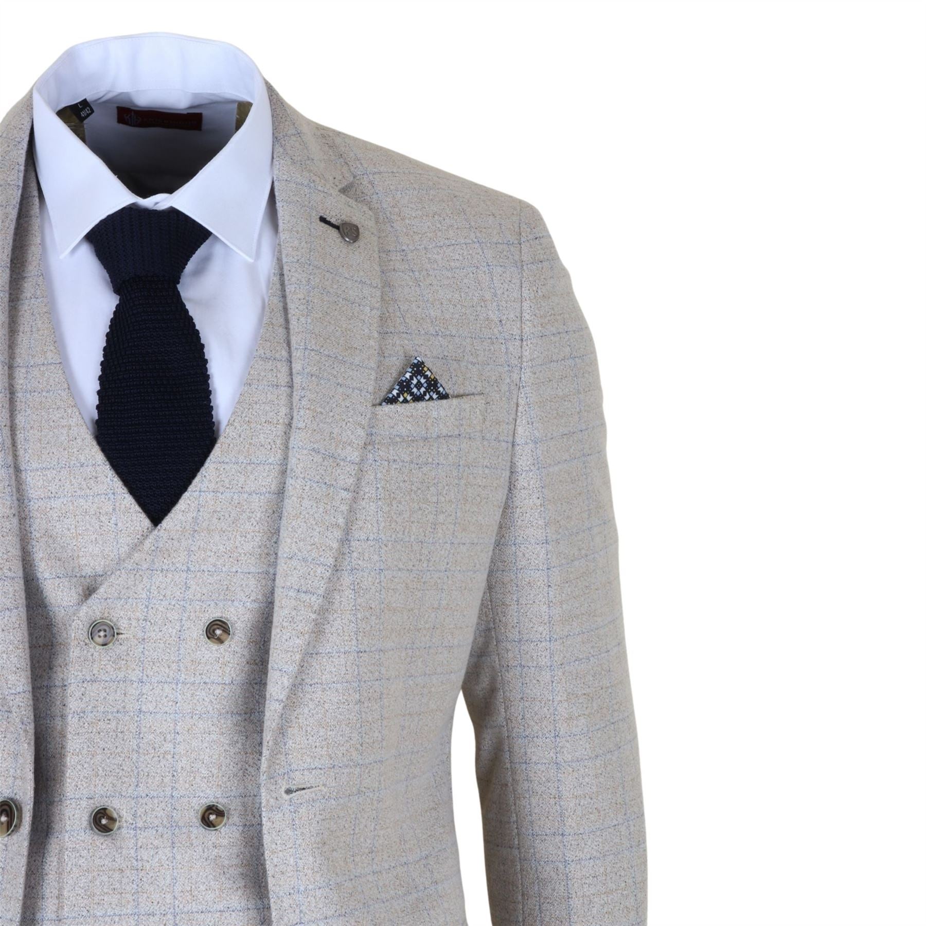 Luis - Men's Cream Plaid Check Slim Fit 3 Piece Suit