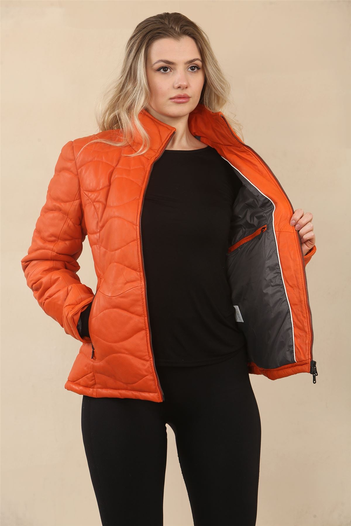 Women's Puffer Quilted Mid Length Leather Jacket