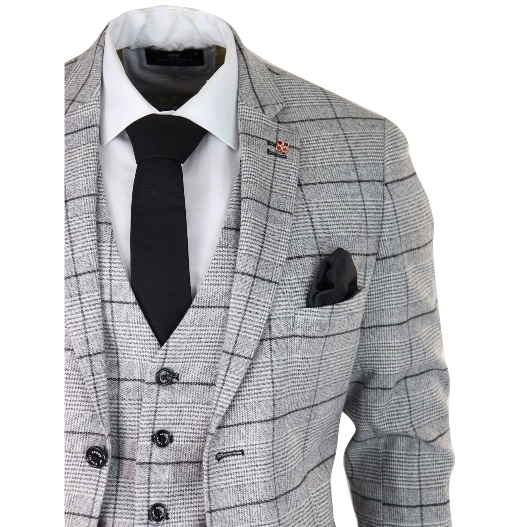 Mens Grey Check Black Tweed 3 Piece Suit Vintage Classic 1920s Wedding