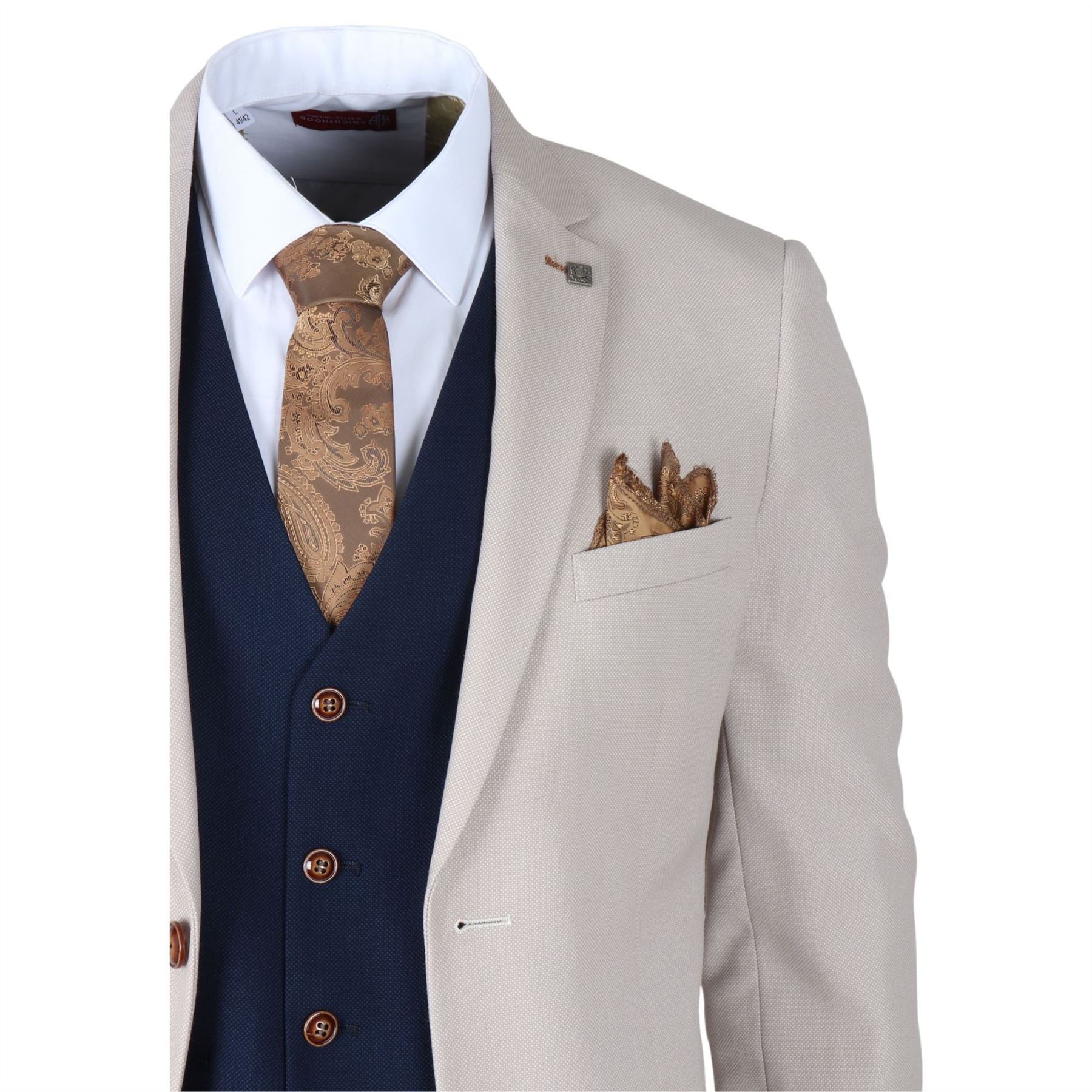 Men's Suit Cream Navy 3 Piece Classic Birdseye Wedding Grooms