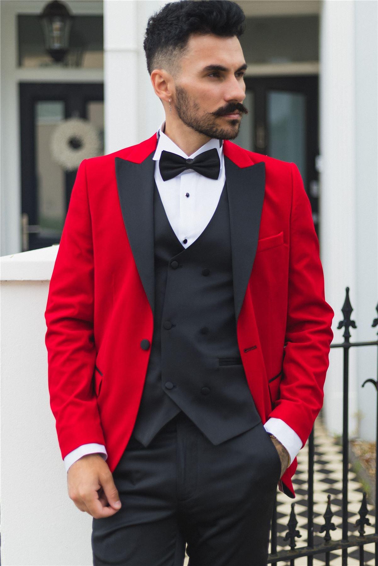 Mens Red Velvet Tuxedo Blazer Satin Peak Lapels Dinner Jacket Wedding Prom Black Tie - Knighthood Store