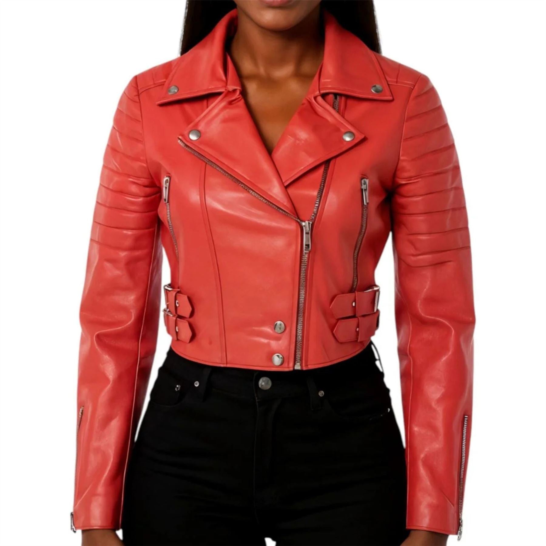 Women's Real Leather Short Cropped Length Biker Jacket