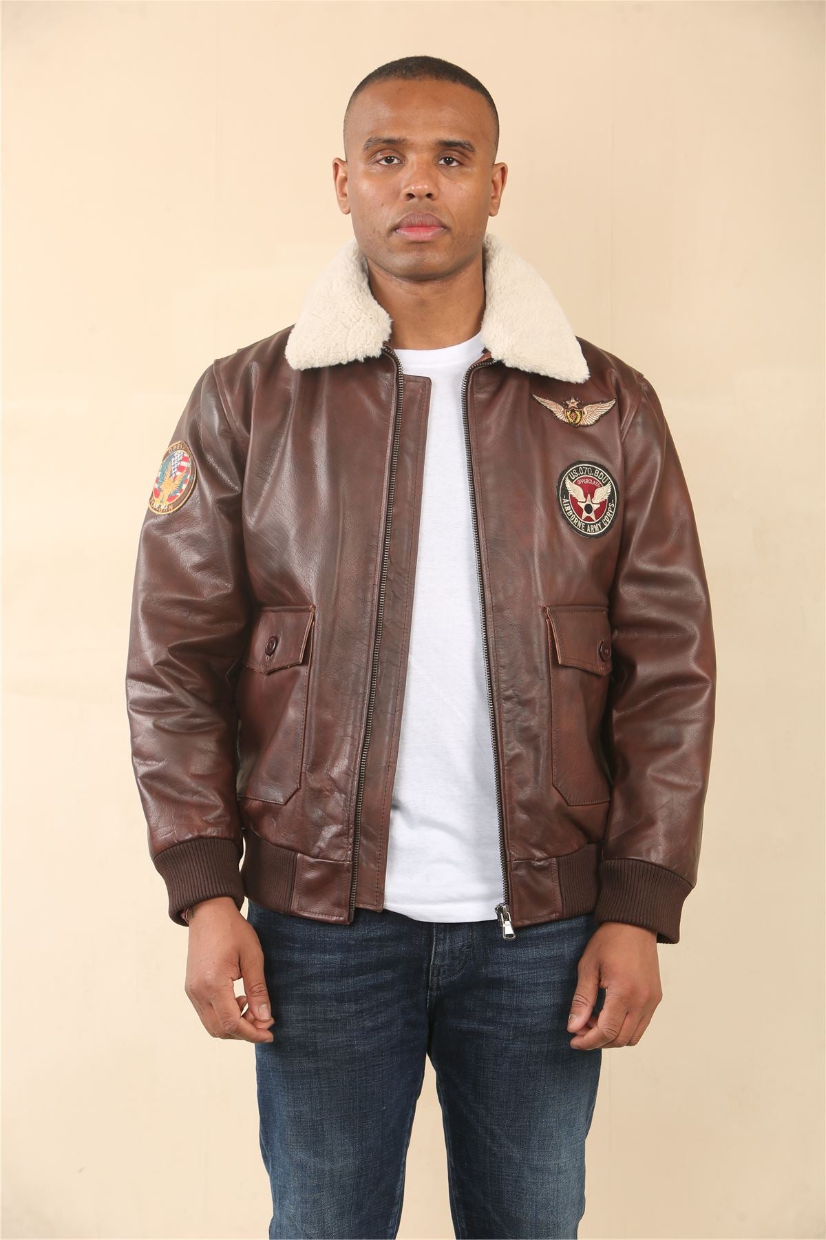 Men's Brown Cowhide Aviator Bomber Leather Jacket