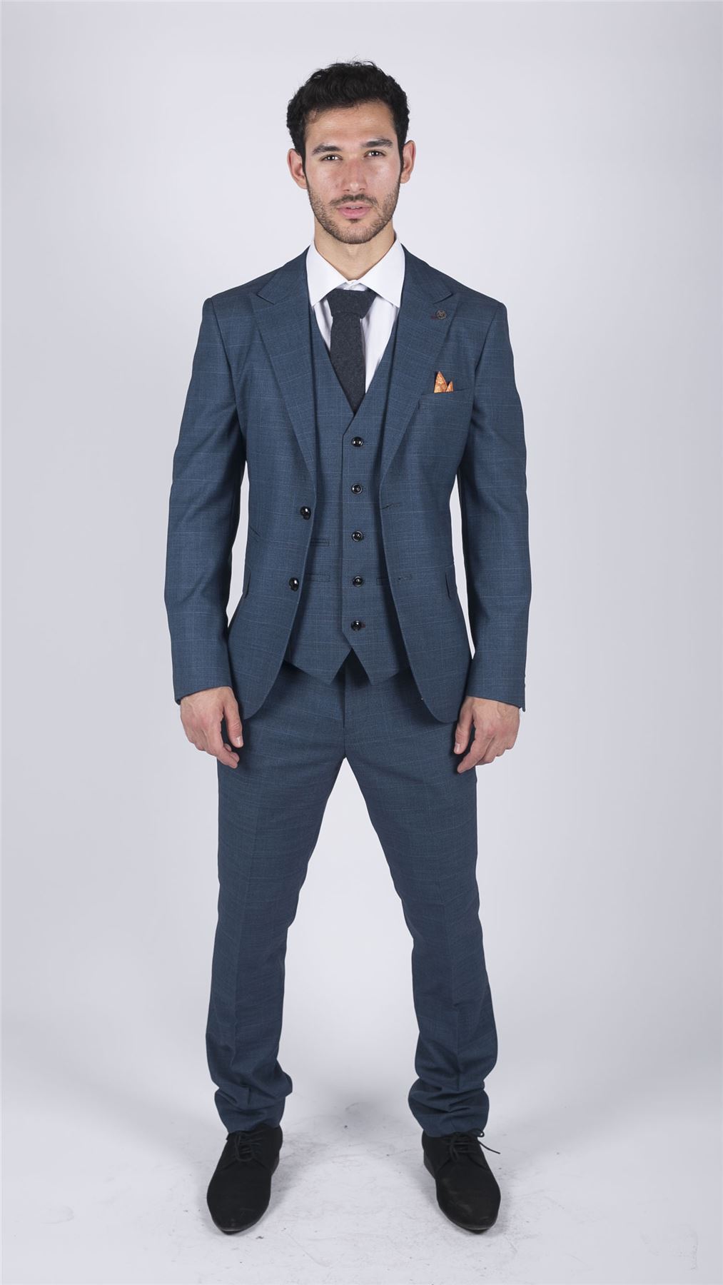 Mens 3 Piece Prince Of Wales Check Suit Blue Classic Light Tailored Fit Modern