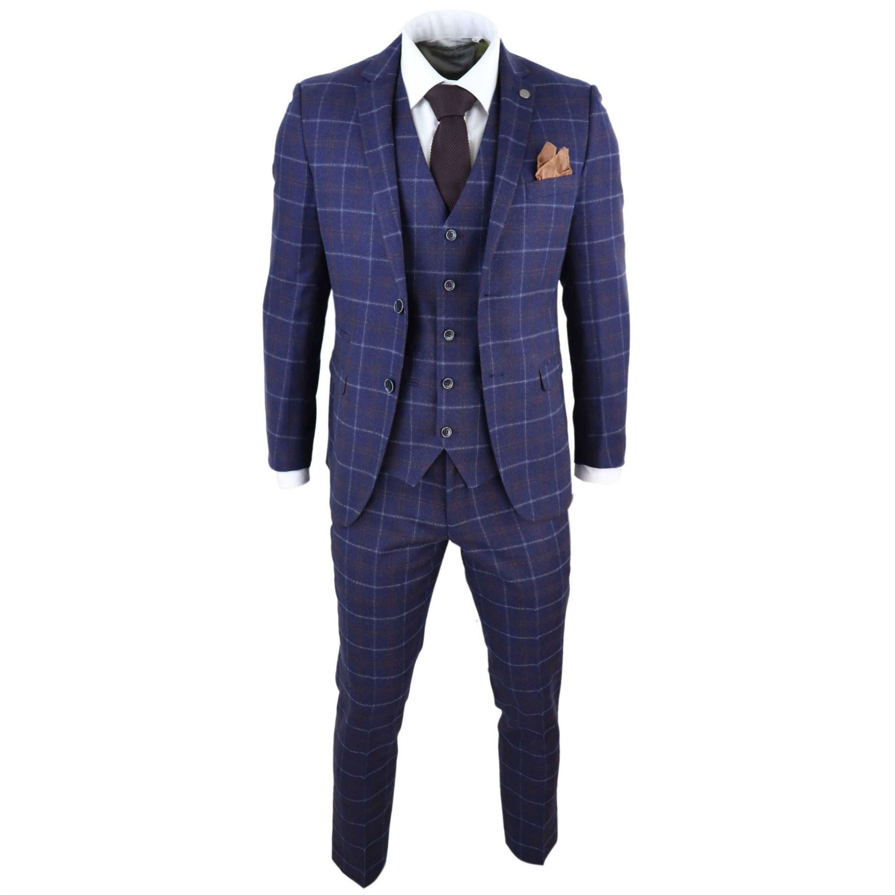 Mens 3 Piece Blue Suit Herringbone Tweed Check Tailored Fit 1920s Wedding Prom