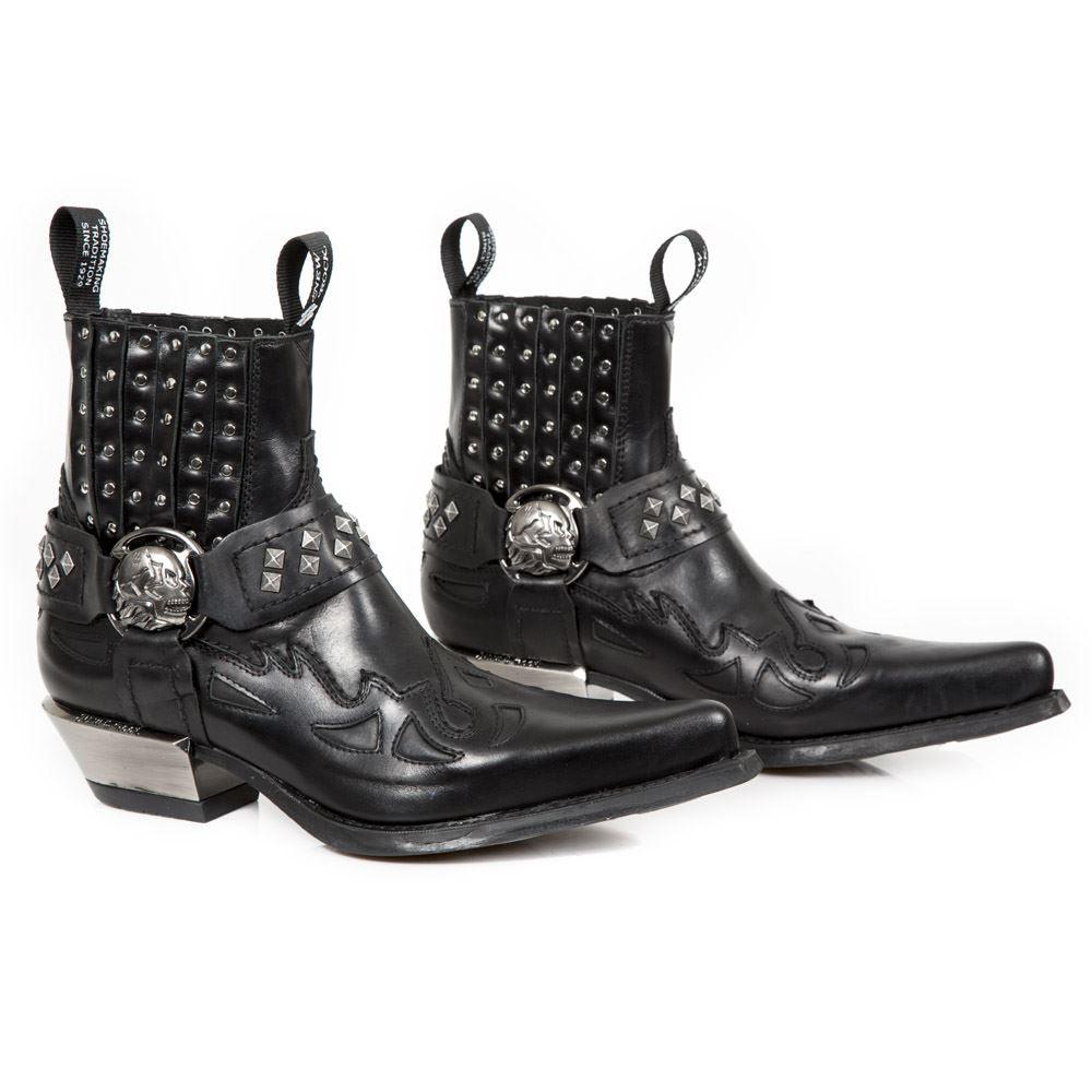New Rock M.7950-S1 Black Ankle Boots Western Goth Strap Skull Stud Metal - Knighthood Store