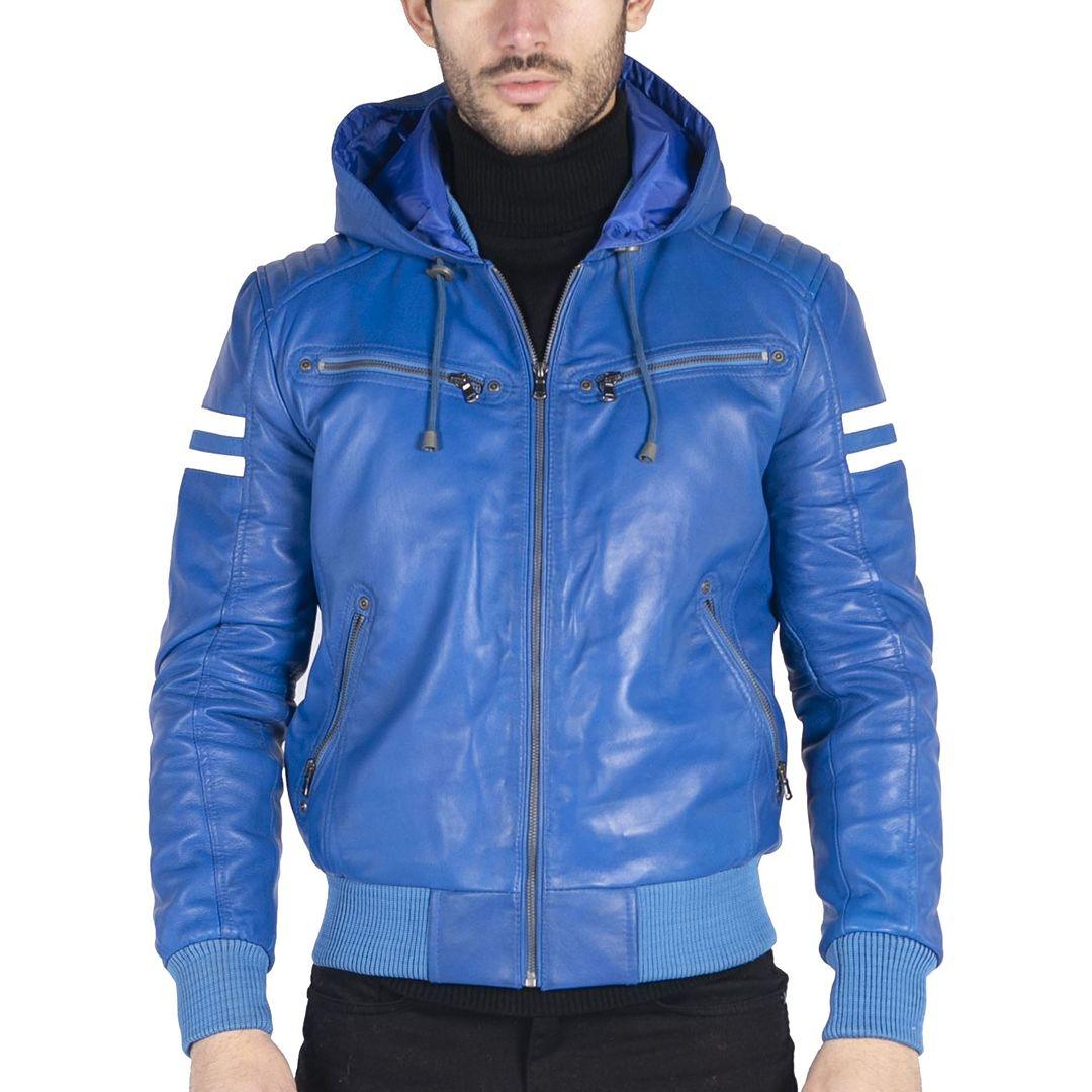 Mens Blue Black Hood Real Leather Bomber Jacket Red Stripes Quilted Slim Fit Casual - Knighthood Store