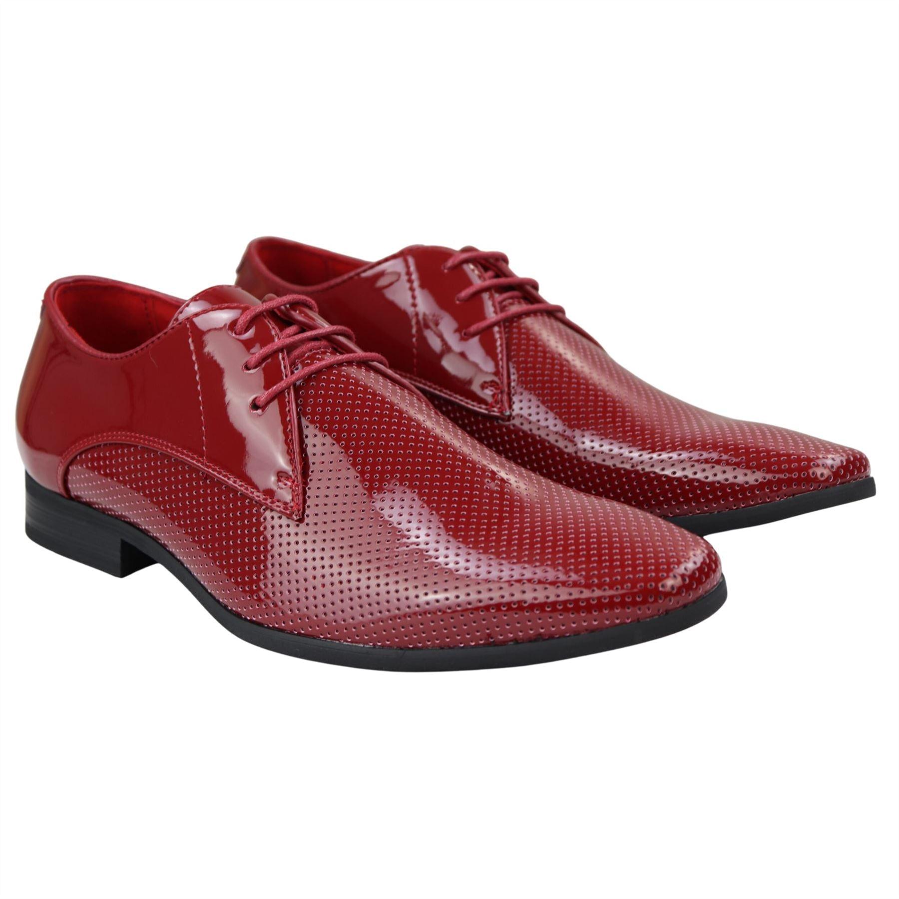 Mens Shoes Smart Formal Perforated Pointed Laced Black Red White Patent Leather PU - Knighthood Store