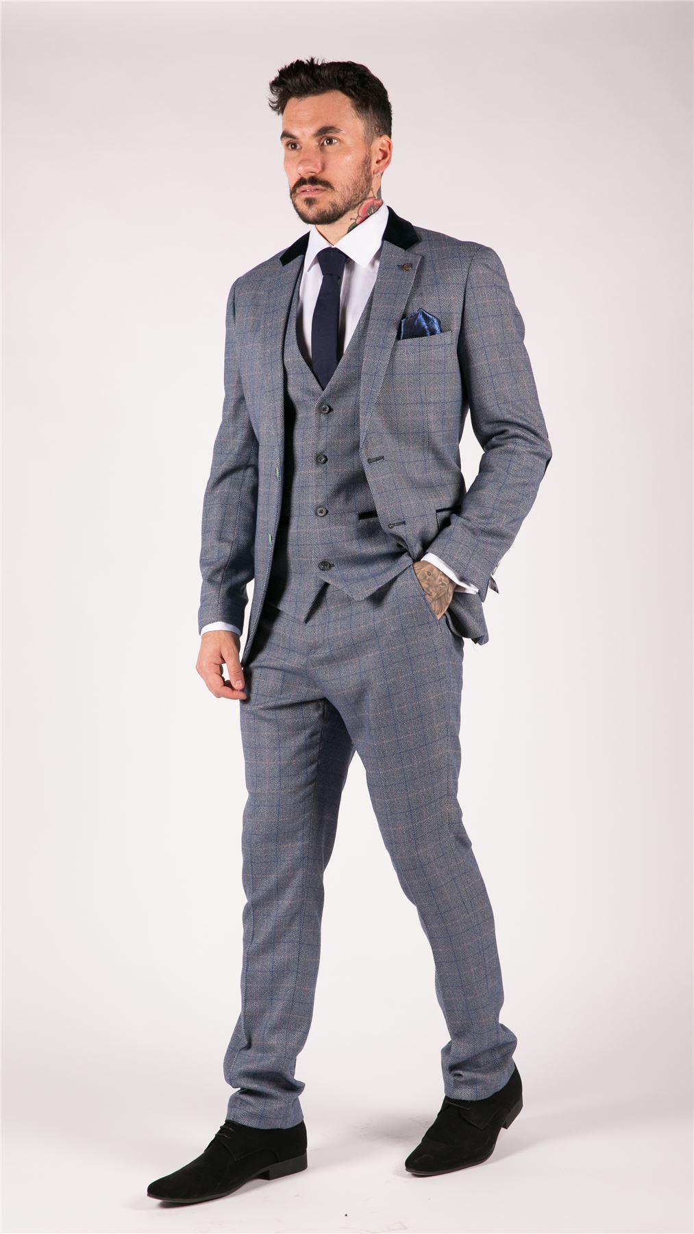 Mens Blue Check Marc Darcy 3 Piece Suit Double Breasted Waistcoat Elbow Patch