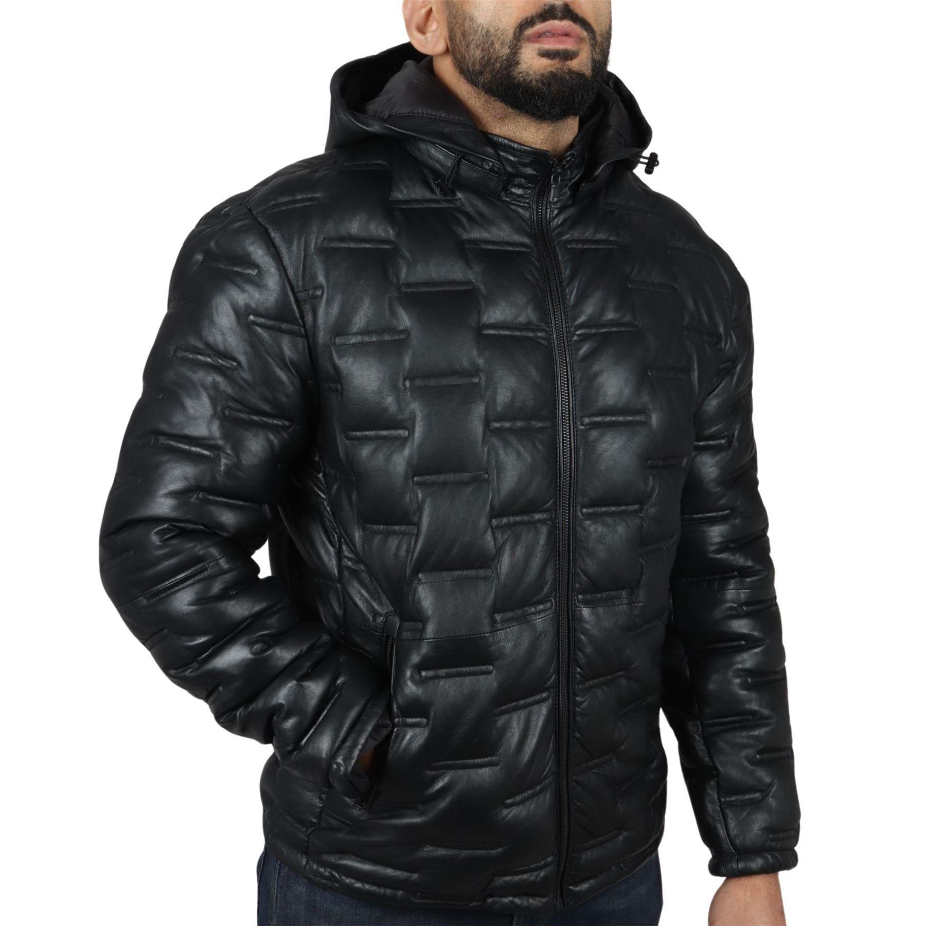 Men's Puffer Quilted Real Leather Jacket Hooded Casual - Knighthood Store