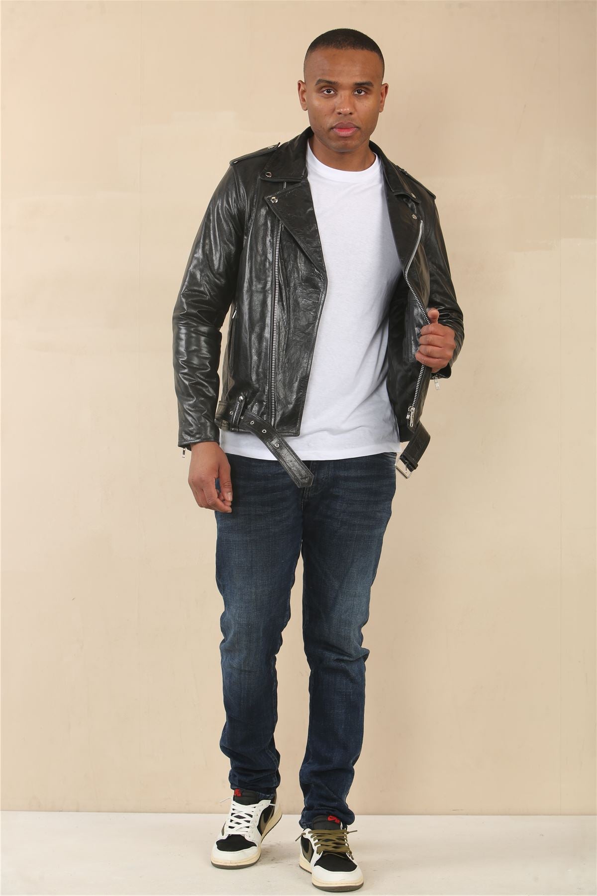 Men's Cow Hide Biker Brando Cross Zip Leather Jacket