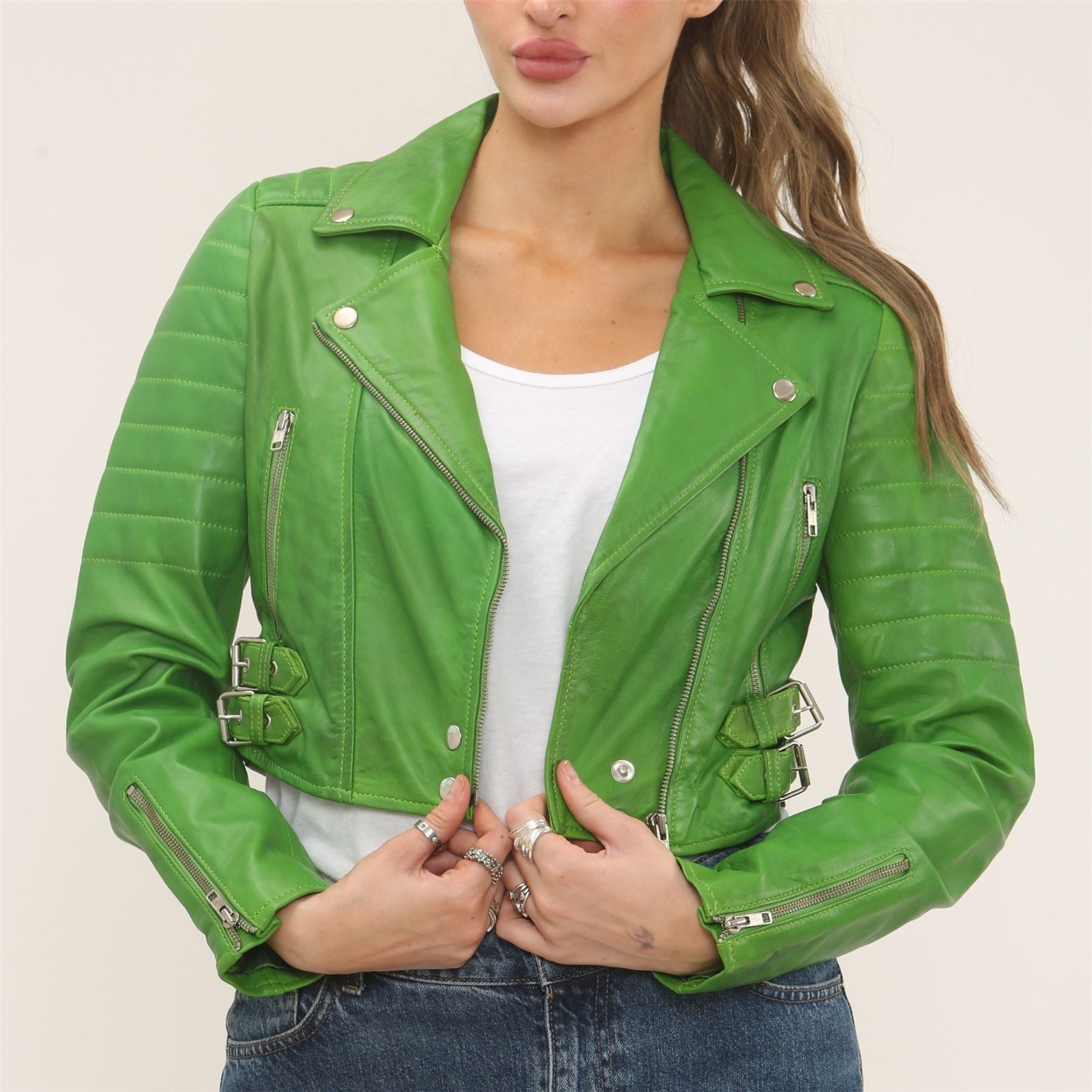 Women's Real Leather Short Cropped Length Biker Jacket
