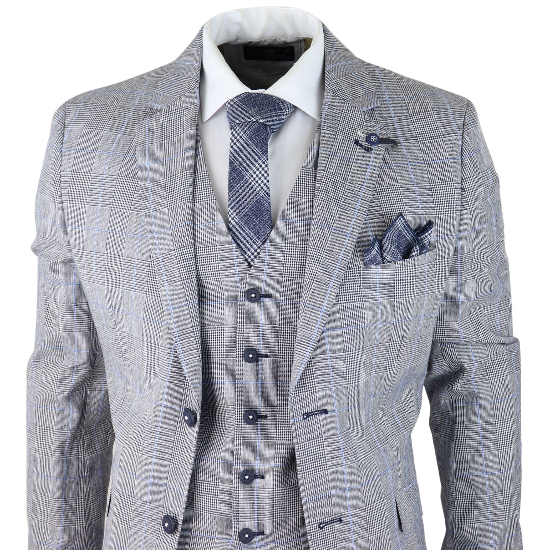 Mens 3 Piece Summer Suit Grey Check Blue Black Tailored Fit Classic Wedding Formal