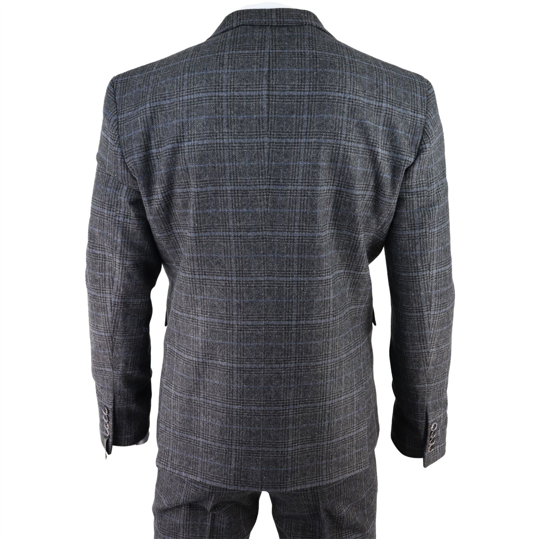 Mens Grey Tweed 3 Piece Suit Blue Check Vintage 1920s Gatsby Blinders Tailored Fit